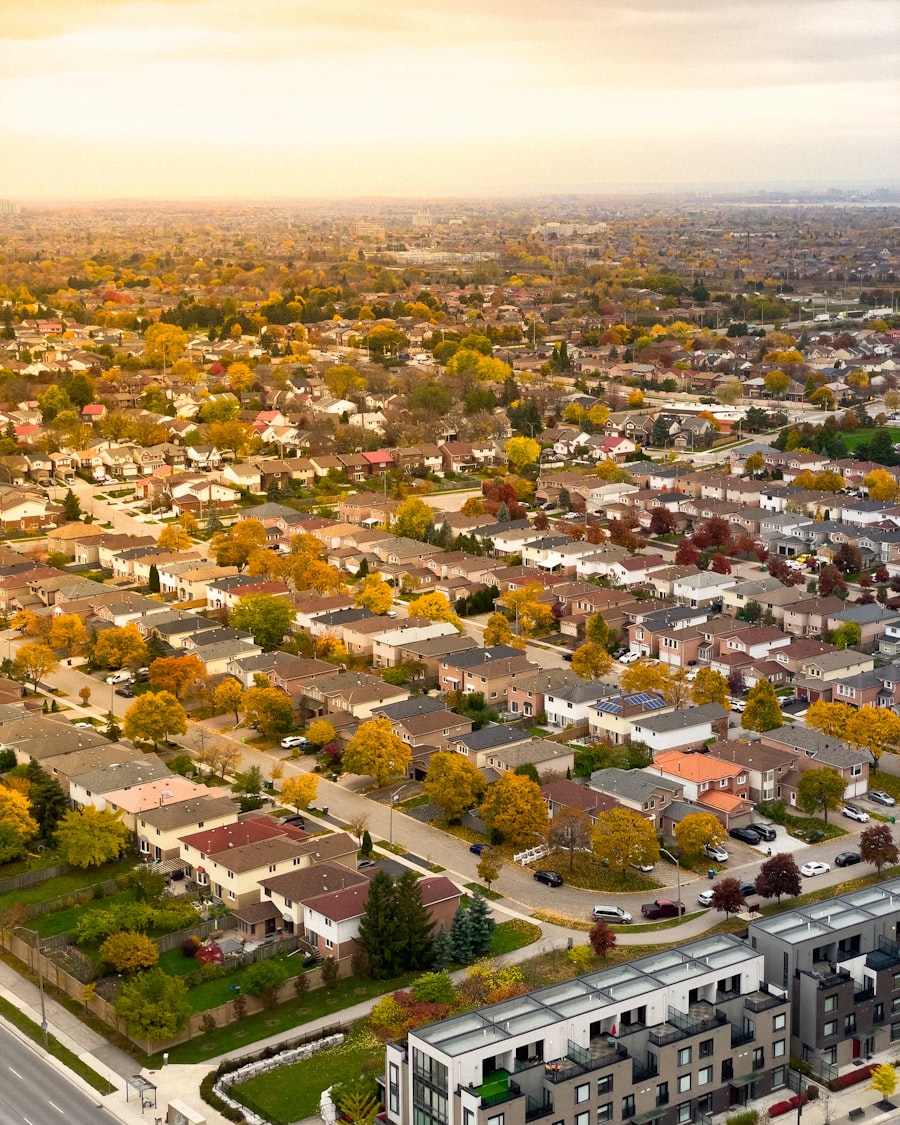 Aerial view of a Utah suburban neighborhood in autumn